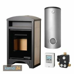 Aquaflam Vario Barma 11 KW Basic Wasserführender Kaminofen White Oak Komplett-Set Pufferspeicher TPSM 500