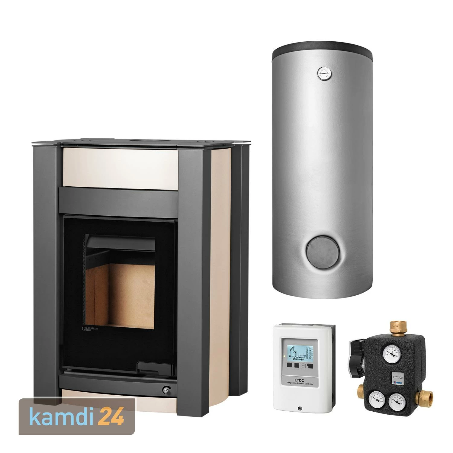 Aquaflam Vario Kalmar 11 KW Basic Wasserführender Kaminofen Creme Komplett-Set Pufferspeicher TPSM 500 3 Aquaflam Vario Kalmar 11 KW Basic Wasserführender Kaminofen Creme Komplett-Set Pufferspeicher TPSM 500