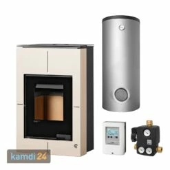 Aquaflam Vario Saporo 11 KW Basic Wasserführender Kaminofen Creme Komplett-Set Hygienespeicher SHS 550 + 1 SWT