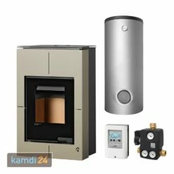 Aquaflam Vario Saporo 11 KW Basic Wasserführender Kaminofen Olive Komplett-Set Hygienespeicher SH 550
