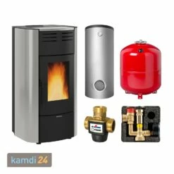 Extraflame Raffaella Idro H18 Wasserführender Pelletofen Stahl Hellgrau Komplett-Set Pufferspeicher TPSR 825 + 1 SWT