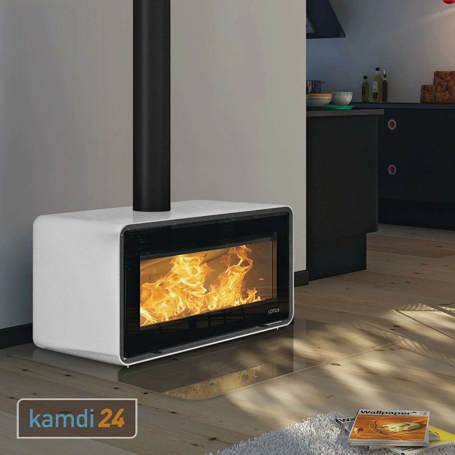 Lotus Living Kaminofen Alpina White, Rauchabgang Oben 3 Lotus Living Kaminofen Alpina White, Rauchabgang Oben