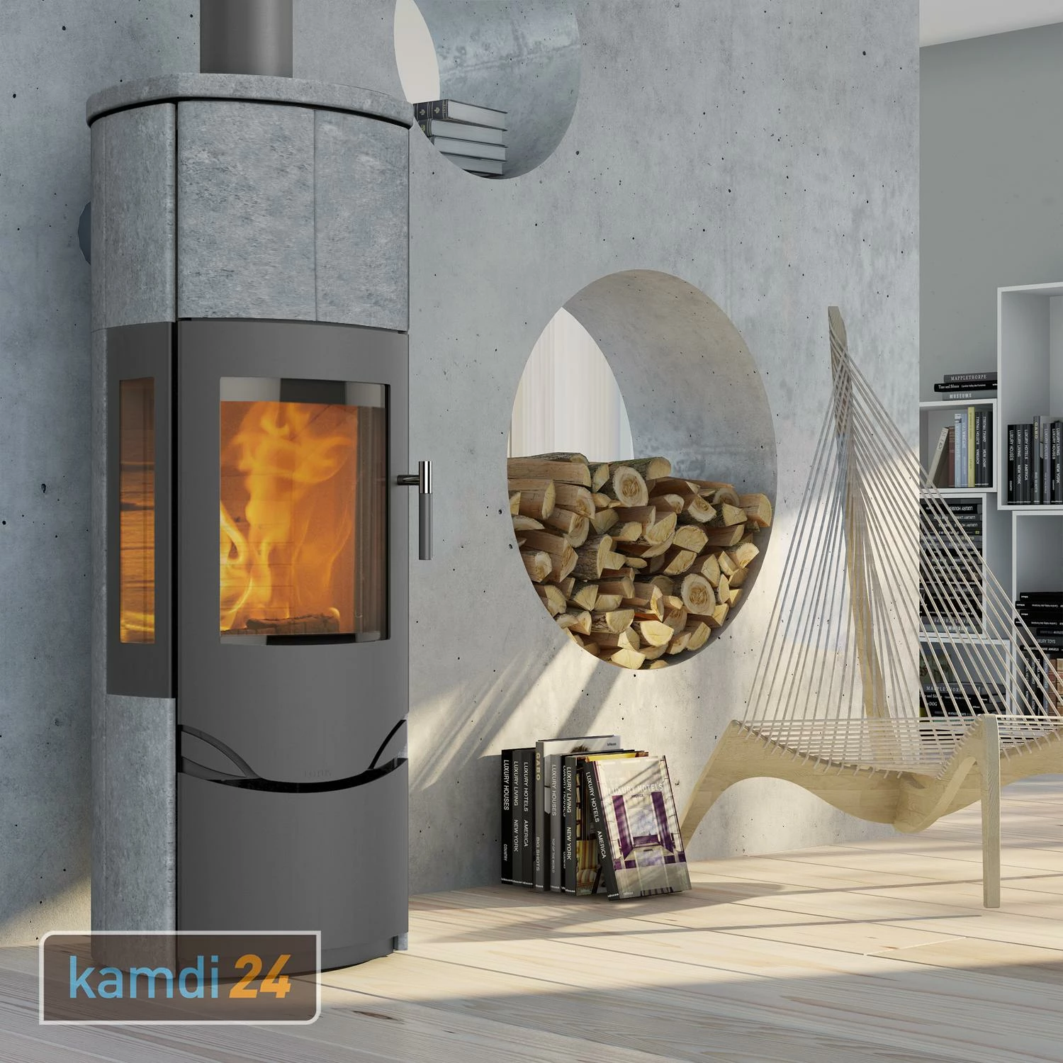 Lotus Prio M Kaminofen Grau/ Speckstein/ Seitenglas, Rauchabgang Oben 3 Lotus Prio M Kaminofen Grau/ Speckstein/ Seitenglas, Rauchabgang Oben