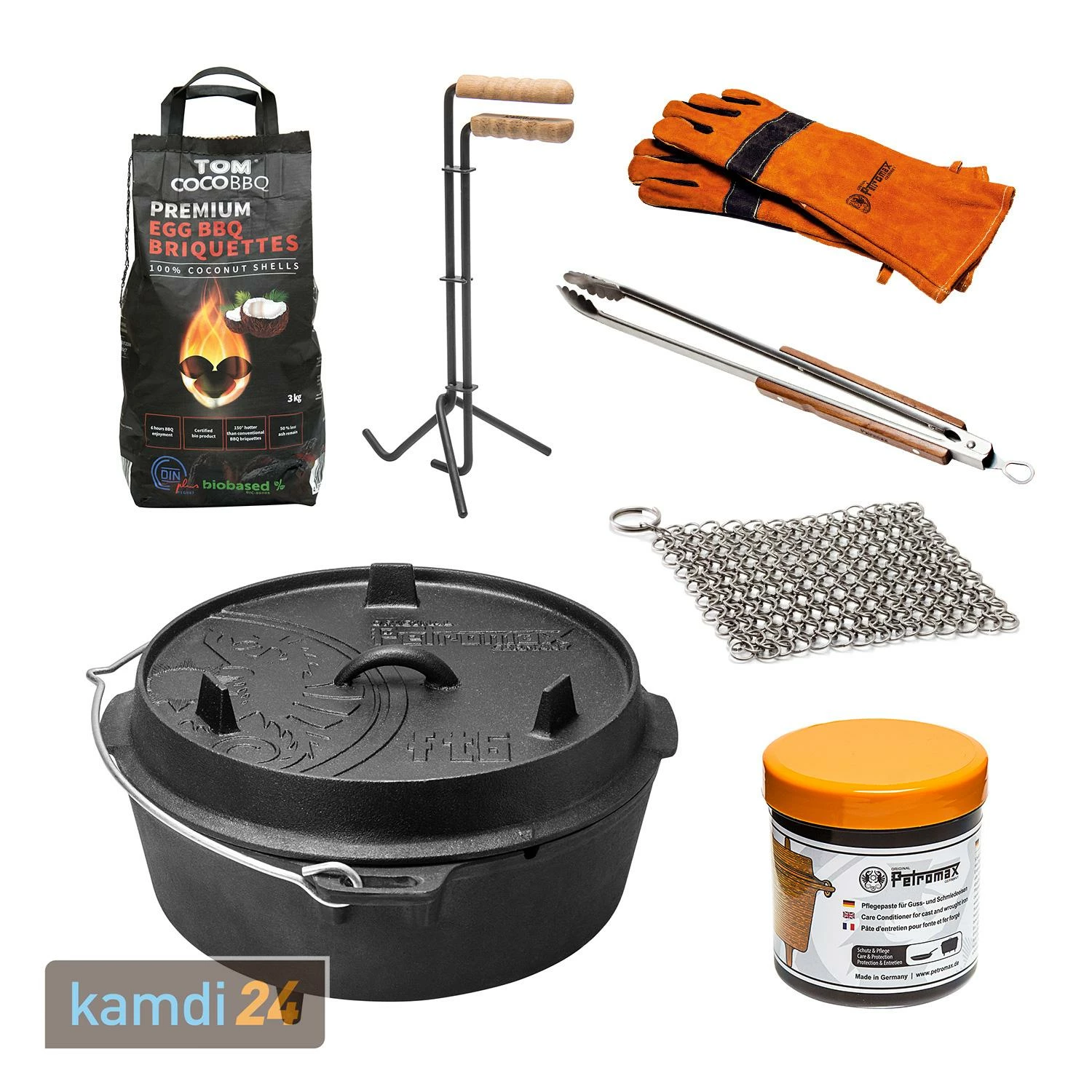 Petromax Feuertopf Ft6 Set Mit 3 Kg TOM COCO Grill-Briketts, Deckelheber, Grillzange, Reiniger Und Handschuhen 3 Petromax Feuertopf Ft6 Set Mit 3 Kg TOM COCO Grill-Briketts, Deckelheber, Grillzange, Reiniger Und Handschuhen
