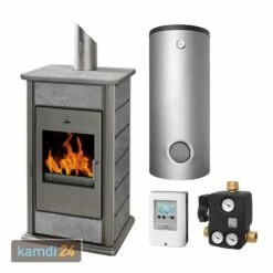 Schmitzker Alicante Anthrazit Speckstein Wasserführender Kaminofen - Komplett-Set Mit Pufferspeicher TPSR 600L + 1 SWT