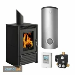 Schmitzker Marbella Compact Schwarz Wasserführender Kaminofen - Komplett-Set Mit Pufferspeicher TPSM 300L, Inkl. Isolierung