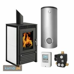 Schmitzker Marbella Compact Weiß Wasserführender Kaminofen - Komplett-Set Mit Pufferspeicher TPSM 300L, Inkl. Isolierung