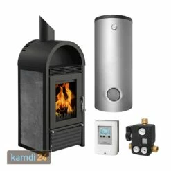 Schmitzker Marbella Keramik Anthrazit Wasserführender Kaminofen - Komplett-Set Mit Pufferspeicher TPSR 300L + 1 SWT