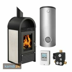Schmitzker Marbella Keramik Beige Wasserführender Kaminofen - Komplett-Set Mit Pufferspeicher TPSR 300L + 1 SWT