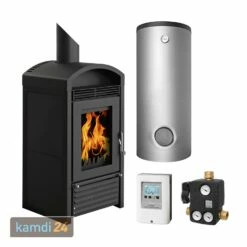 Schmitzker Marbella Mini Stahl Schwarz Wasserführender Kaminofen - Komplett-Set Mit Pufferspeicher TPSM 300L, Inkl. Isolierung