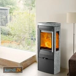 TermaTech TT30GS Kaminofen Stahl Schwarz/Speckstein, 3-seitige Verglasung, Rauchrohr Hinten