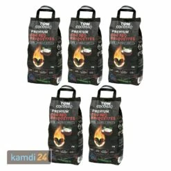 TOM COCO Grill-Kokoskohle Briketts, Eiform, 5 X 3 Kg (15 Kg)